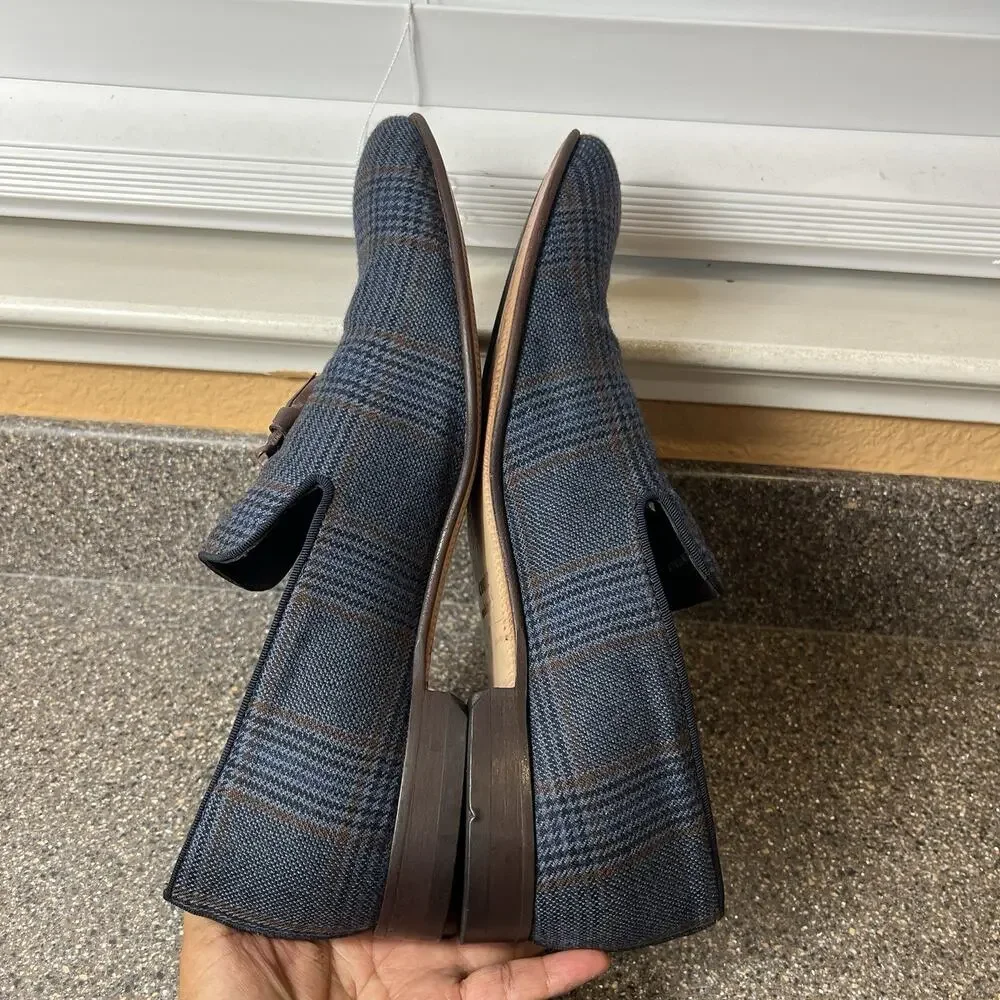 Paul Fredrick Leather Tassel Loafer Mens 13M Navy Brown Plaid Tweed Slip On Shoe